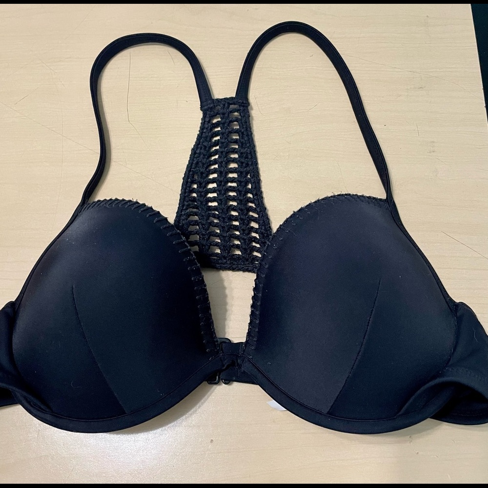 Victoria’s Secret swimwear, 36C black push-up bikini top, crochet racerback